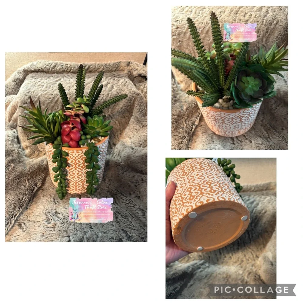 Set of 3 Faux Artificial Succulents and Flowers in Decorative Ceramic Pots Green